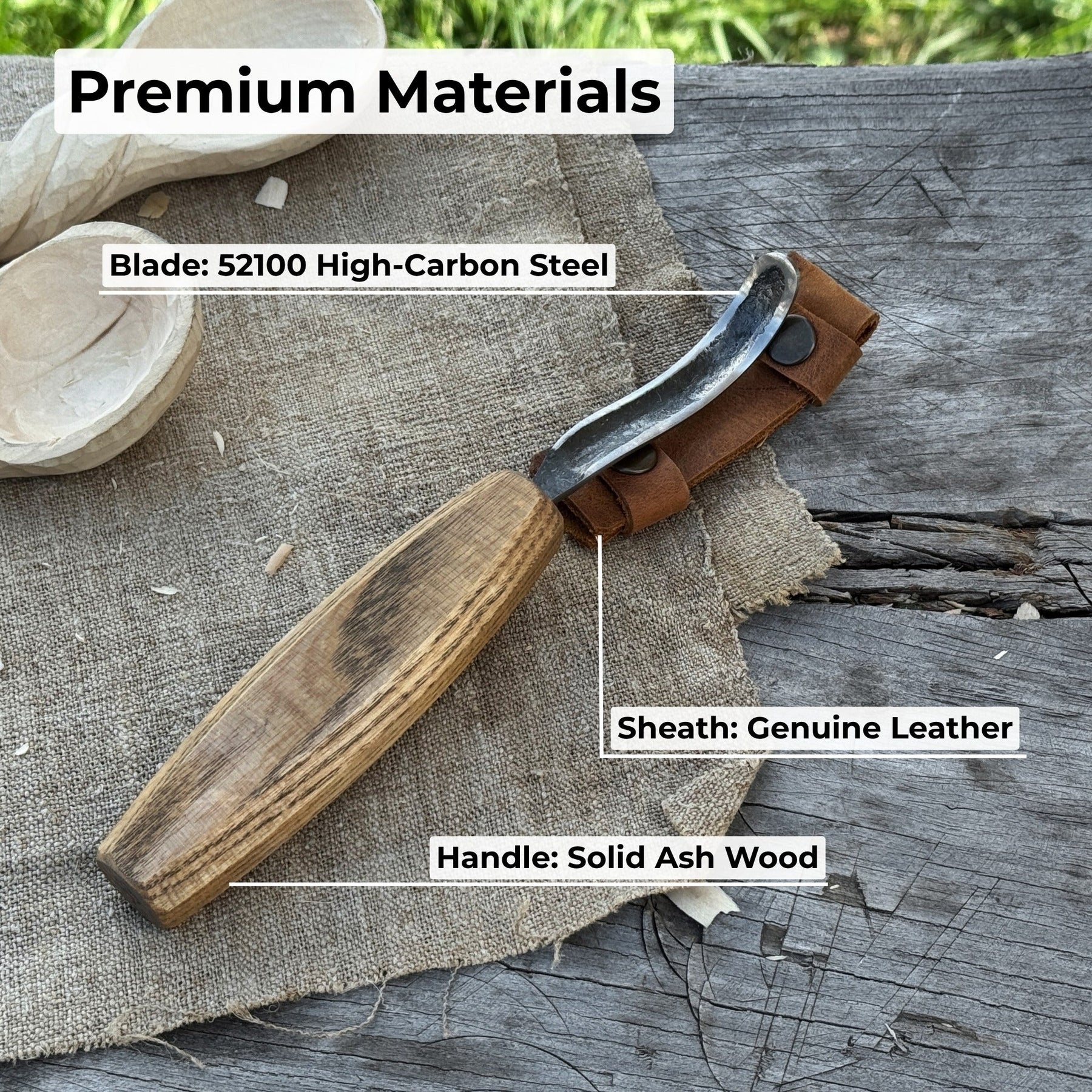 Spoon Carving Hook Knife – Long Curved Blade 7 cm (2.7 inches) detail view by Sharky Forged Steel Tools