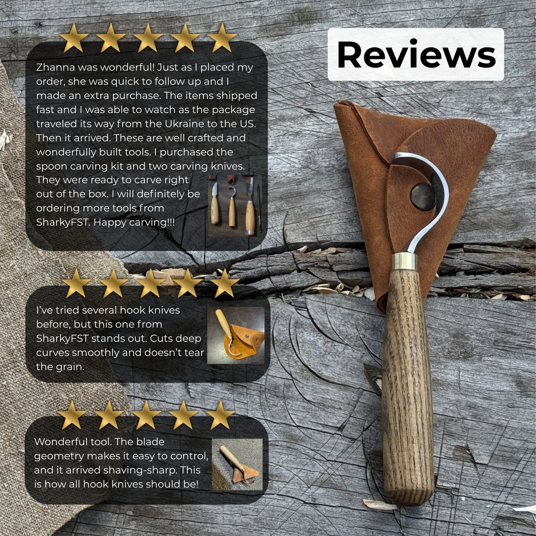 Spoon Carving Hook Knife with Leather Sheath, 3.5 cm (1.38 inches) detail view by Sharky Forged Steel Tools