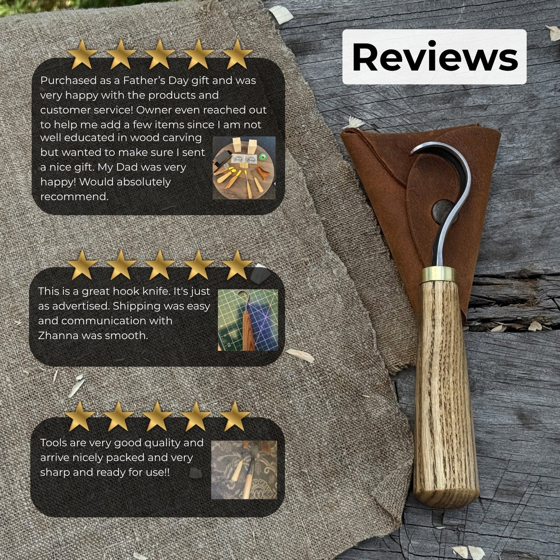 Spoon Carving Hook Knife with Leather Sheath, Blade 3.5 cm (1.38 inches) detail view by Sharky Forged Steel Tools