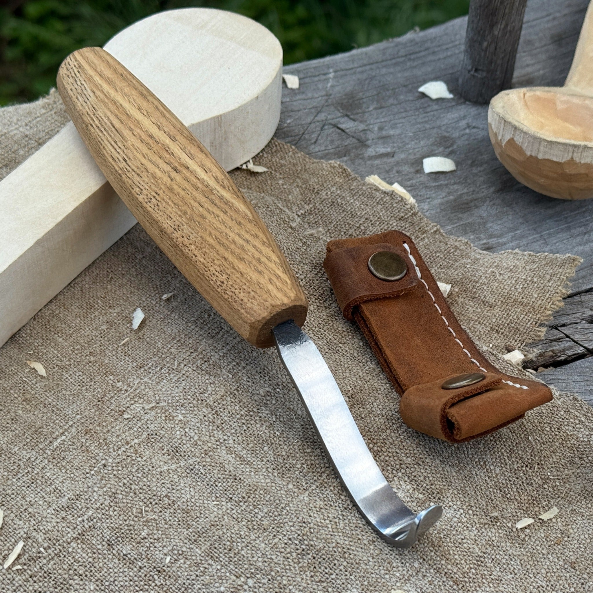 Spoon Carving Hook Knife with Octagonal Handle, 7.5 cm (3 inches), with Leather Sheath by Sharky Forged Steel Tools