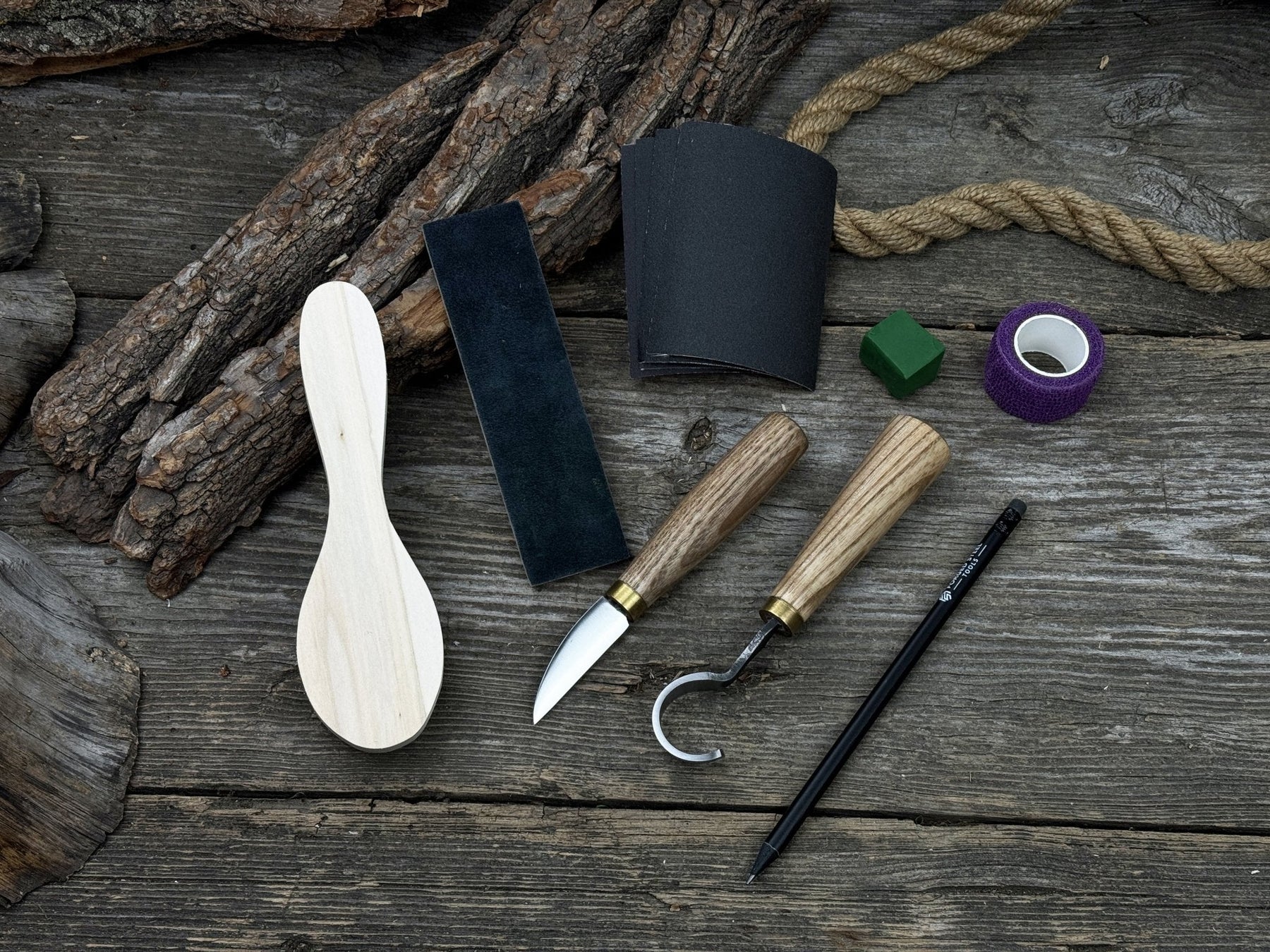 Spoon Carving Kit – Full Carving Set with Safety Tape & Polishing Tools detail view by Sharky Forged Steel Tools