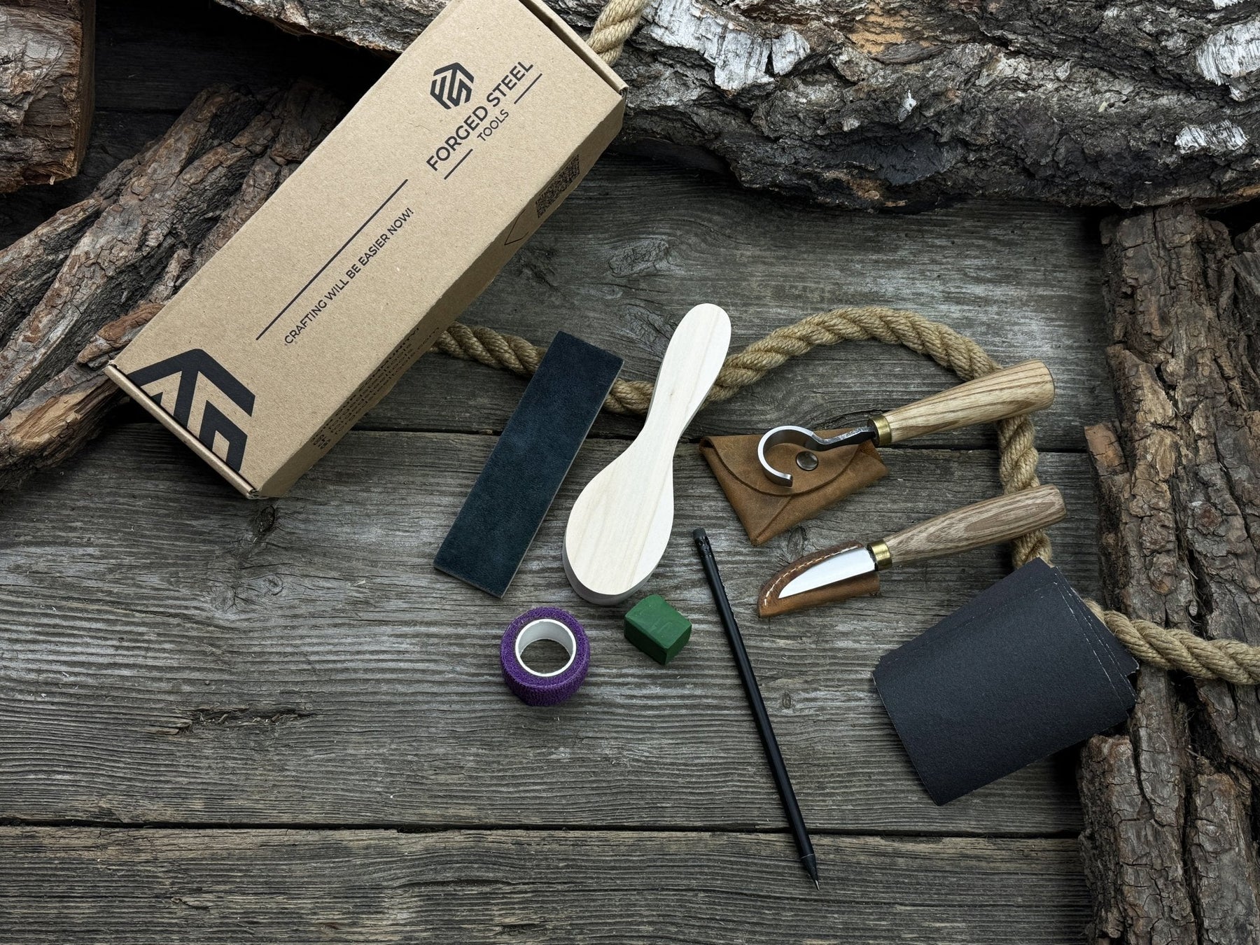 Spoon Carving Kit – Full Carving Set with Safety Tape & Polishing Tools detail view by Sharky Forged Steel Tools