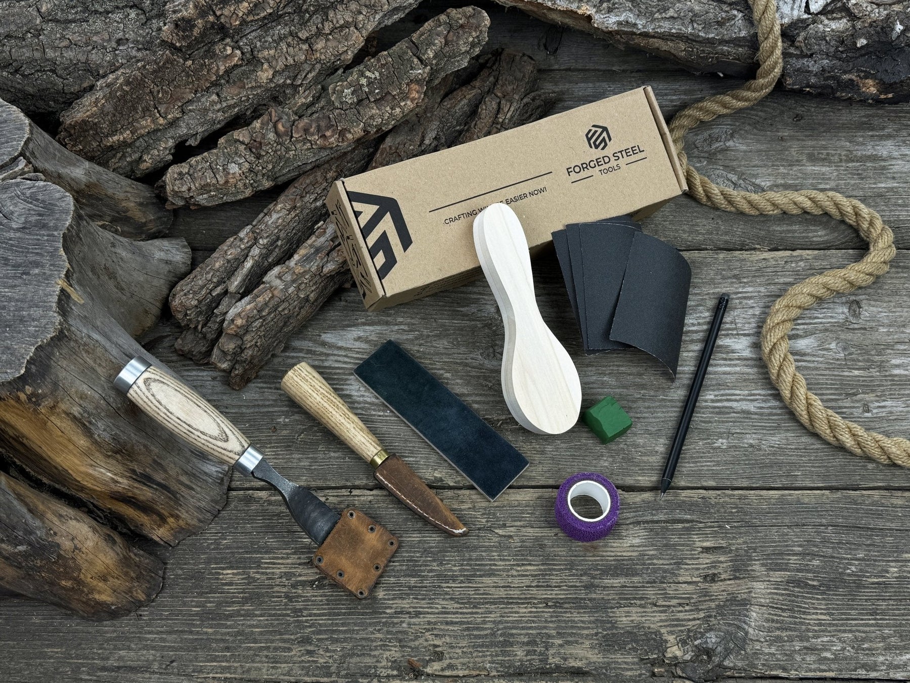 Spoon Carving Kit – Whittling Kit for Beginners with Sharpened Tools & Practice Wood detail view by Sharky Forged Steel Tools