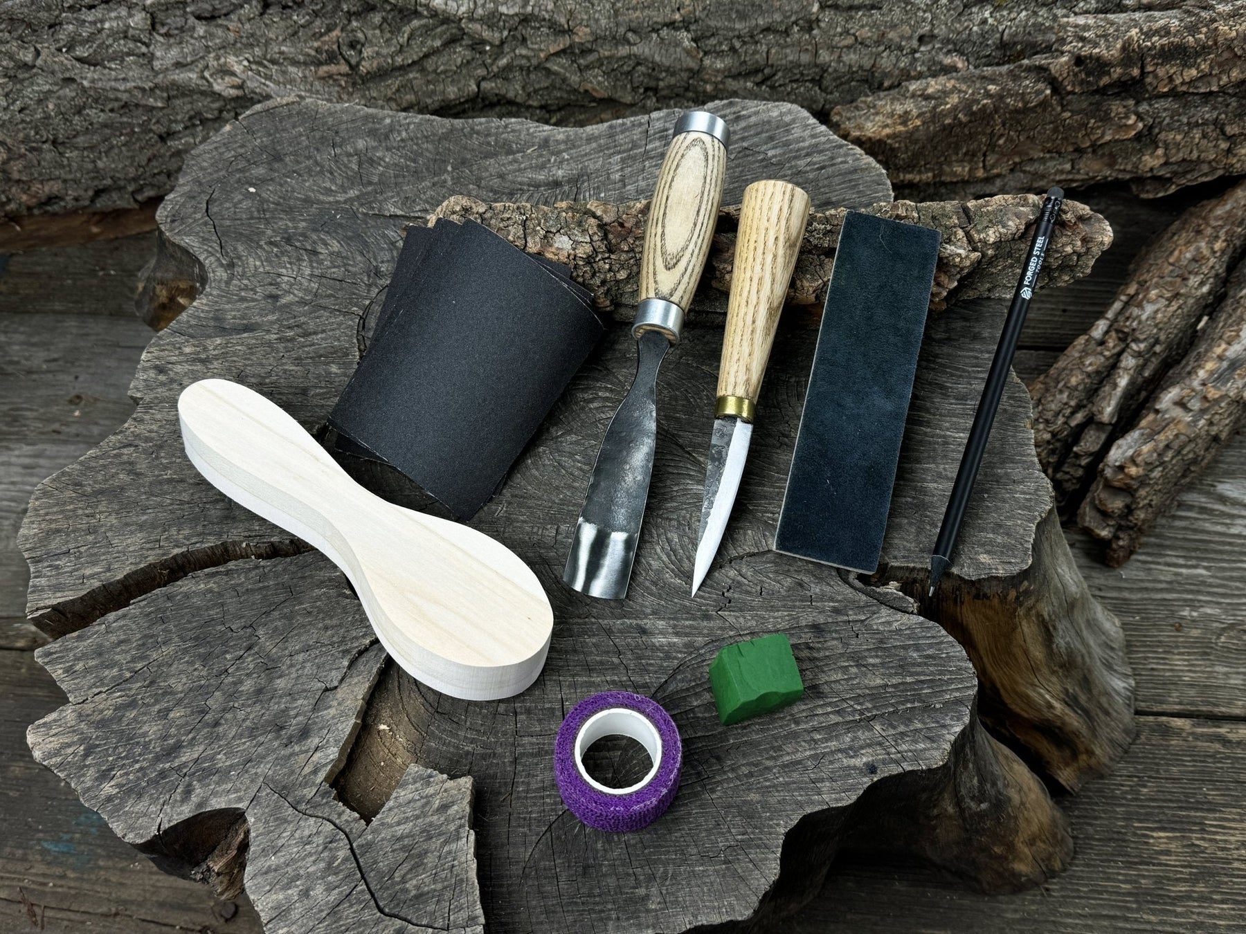 Spoon Carving Kit – Whittling Kit for Beginners with Sharpened Tools & Practice Wood detail view by Sharky Forged Steel Tools