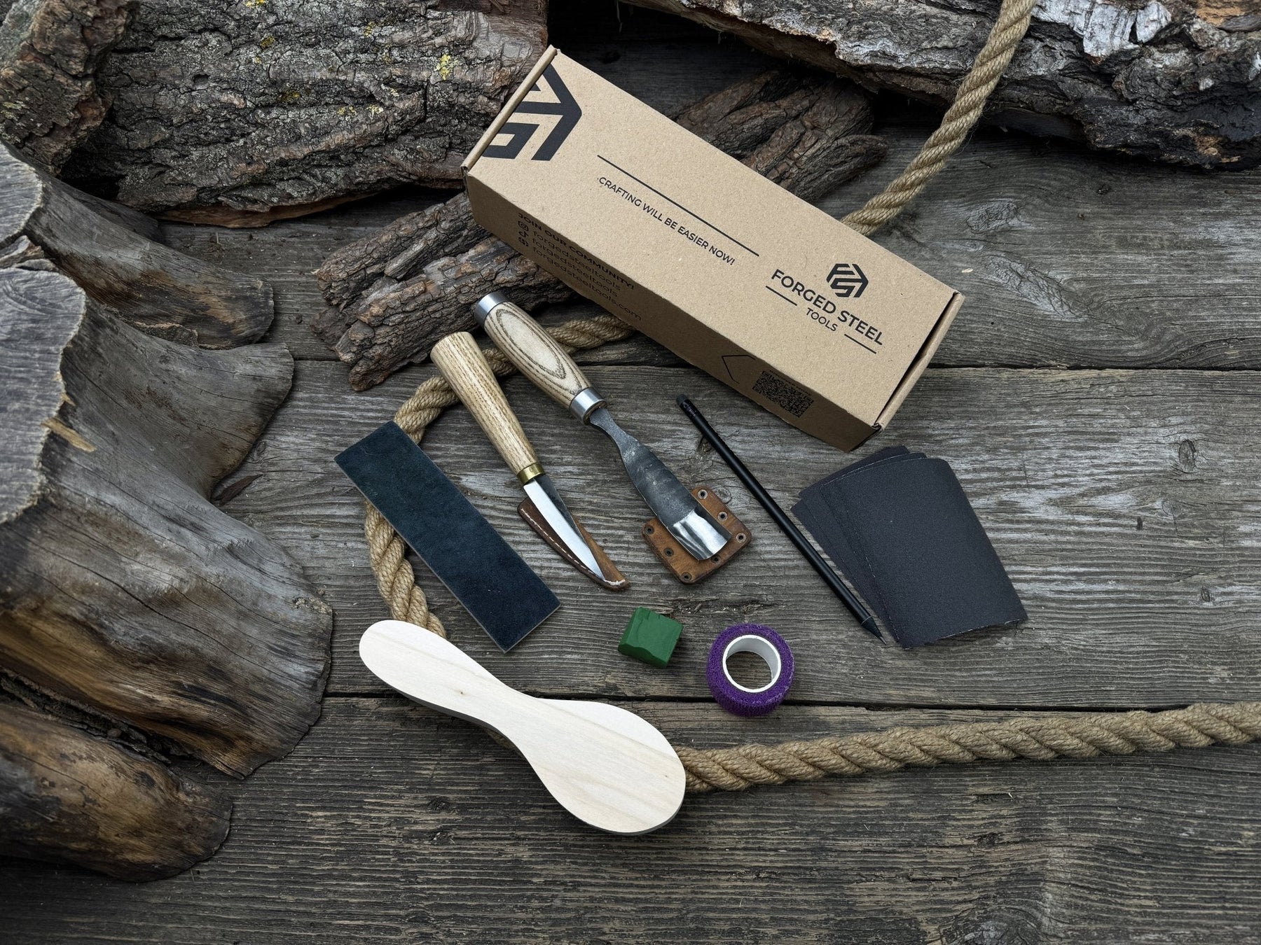 Spoon Carving Kit – Whittling Kit for Beginners with Sharpened Tools & Practice Wood by Sharky Forged Steel Tools