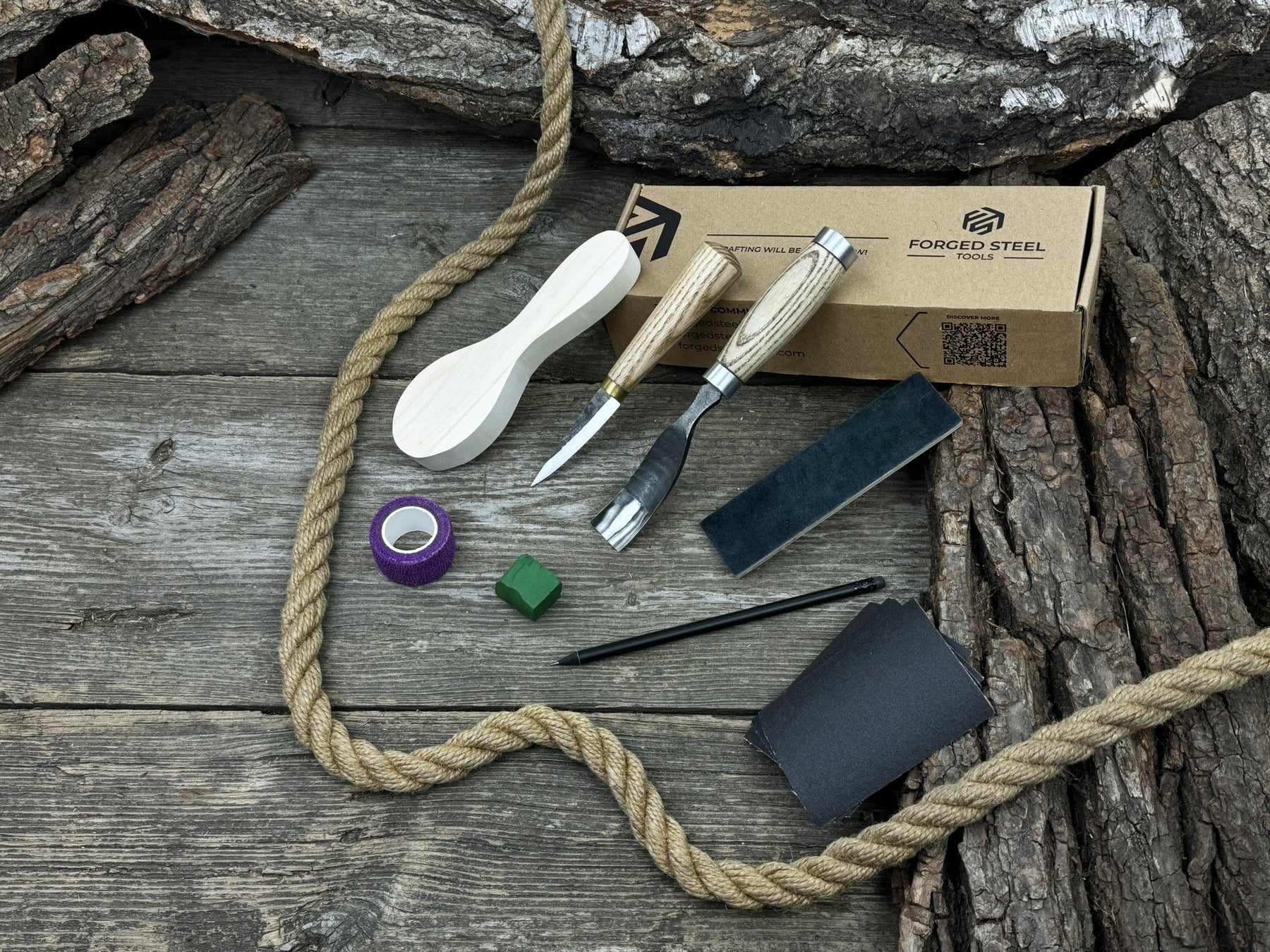 Spoon Carving Kit – Whittling Kit for Beginners with Sharpened Tools & Practice Wood detail view by Sharky Forged Steel Tools