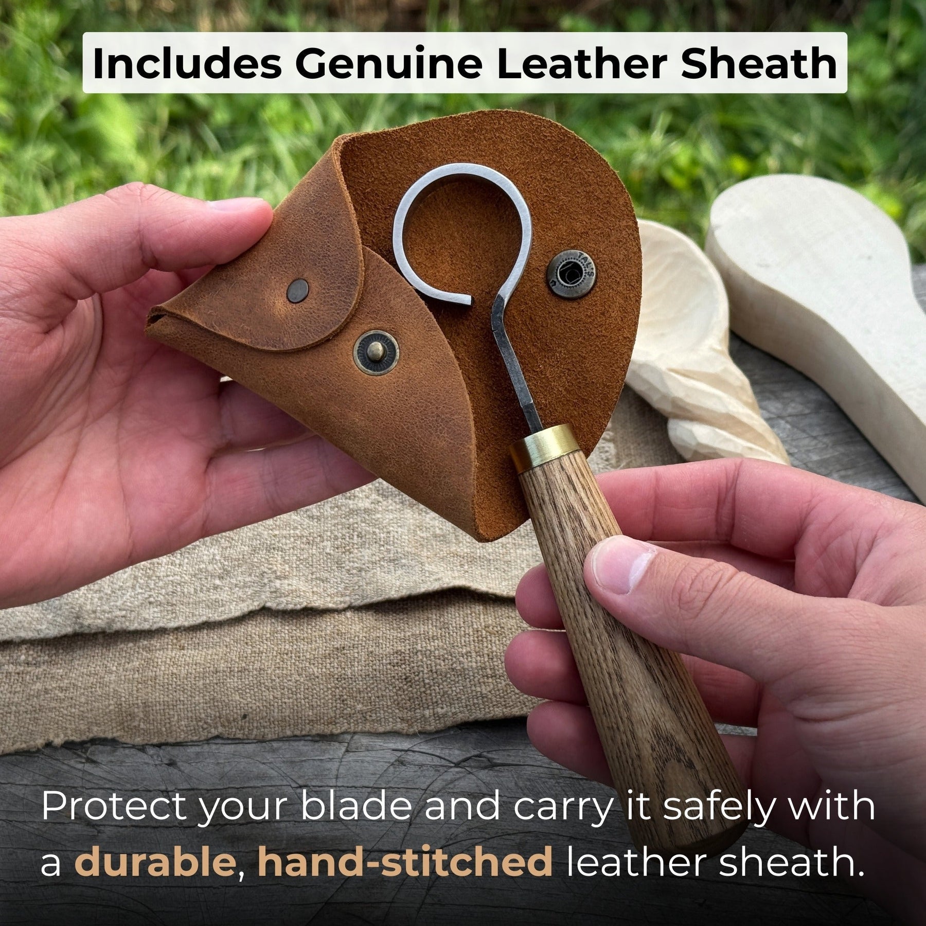 Spoon Carving Scorp (Round) Knife, ⌀3 cm (1.2 inches) with Leather Case detail view by Sharky Forged Steel Tools