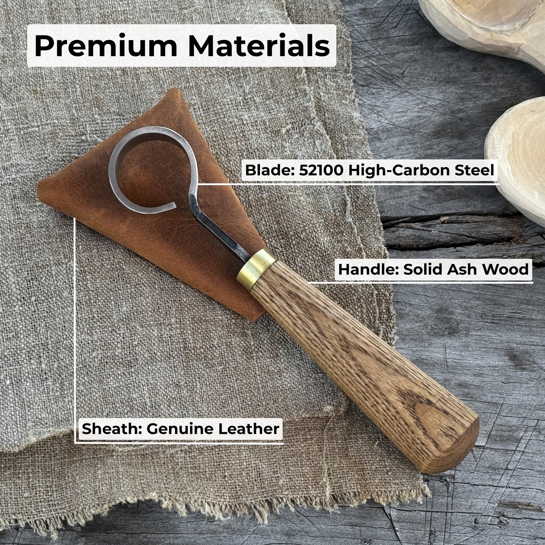 Spoon Carving Scorp (Round) Knife, ⌀3 cm (1.2 inches) with Leather Case detail view by Sharky Forged Steel Tools
