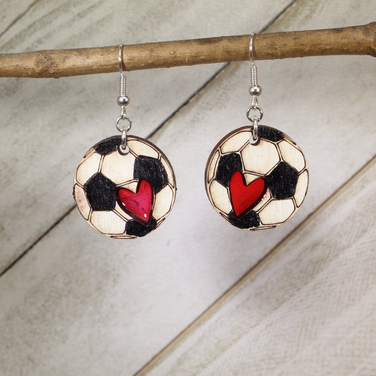 Soccer Ball Wood Resin Earrings | Soccer Mom Sports Jewelry by Cate's Concepts, LLC, handmade jewelry main product photo