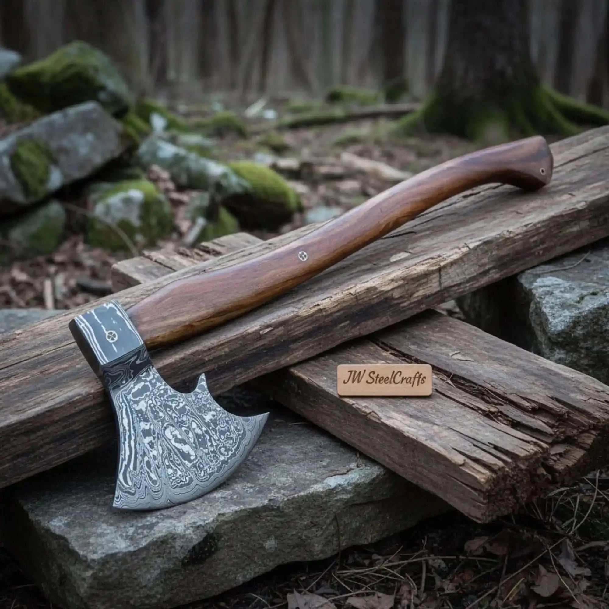 Norse Skeggøx Working Bearded Axe — 22” Long Handle with Pattern-Welded Damascus Blade by JW SteelCrafts, Southern handmade gift main product photo