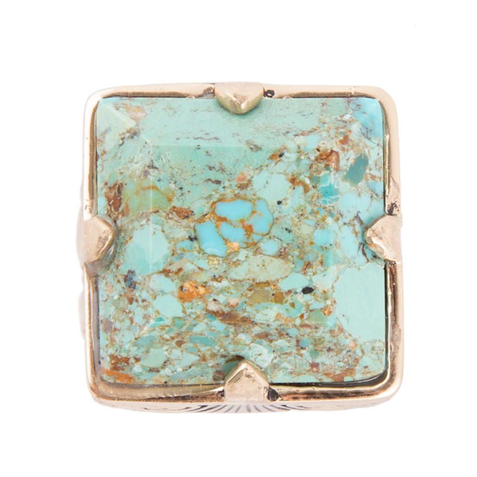 Square Statement Blue Turquoise Golden Ring detail view by Barse Jewelry
