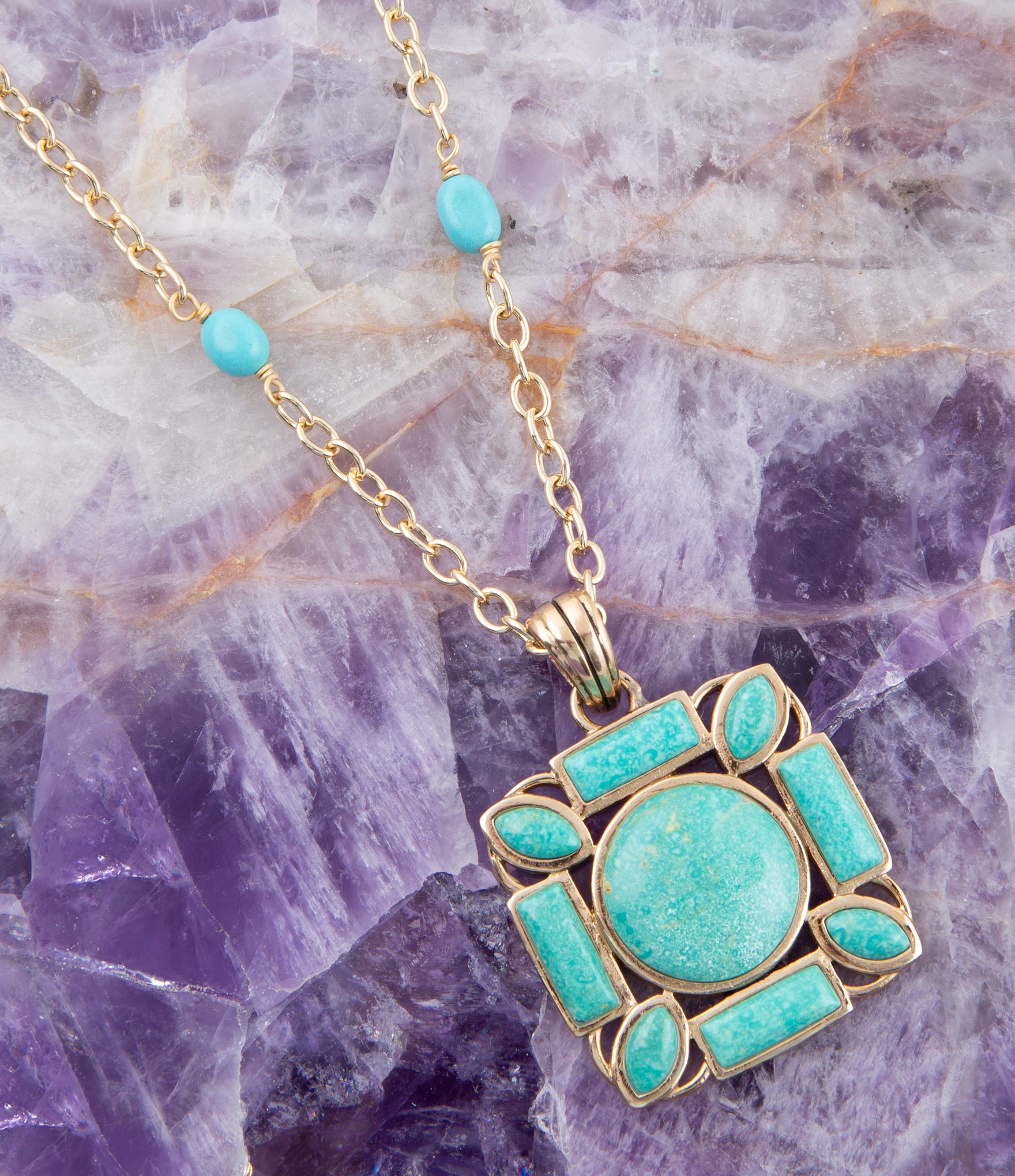 Squared Up Green Turquoise Pendant Necklace detail view by Barse Jewelry