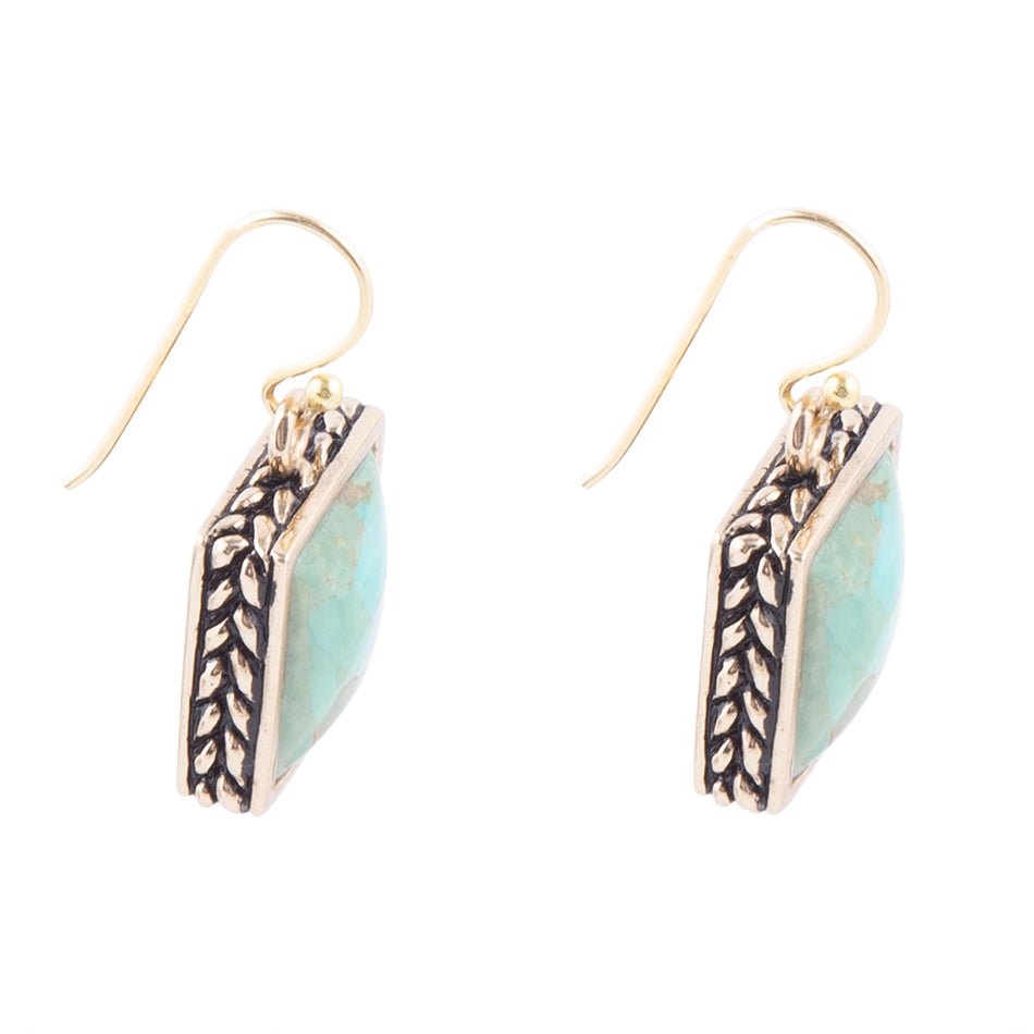 Squared Up Blue Turquoise Golden Drop Earrings detail view by Barse Jewelry