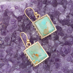 Squared Up Blue Turquoise Golden Drop Earrings detail view by Barse Jewelry