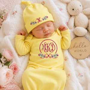 Personalized Floral Monogram Newborn Gown by Poor Hog Customs, embroidered apparel detail photo 3