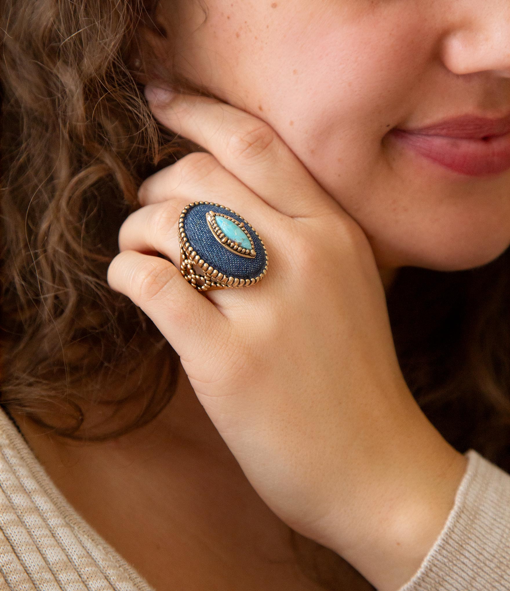 Stacked Blue Turquoise and Denim Golden Statement Ring detail view by Barse Jewelry
