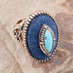 Stacked Blue Turquoise and Denim Golden Statement Ring detail view by Barse Jewelry