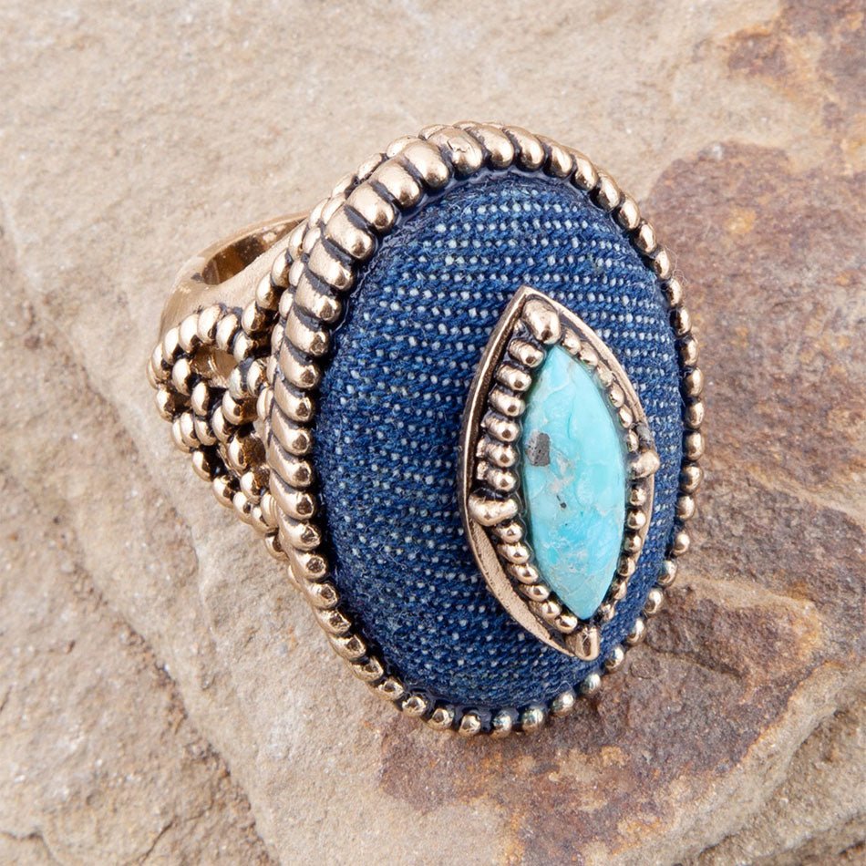 Stacked Blue Turquoise and Denim Golden Statement Ring detail view by Barse Jewelry