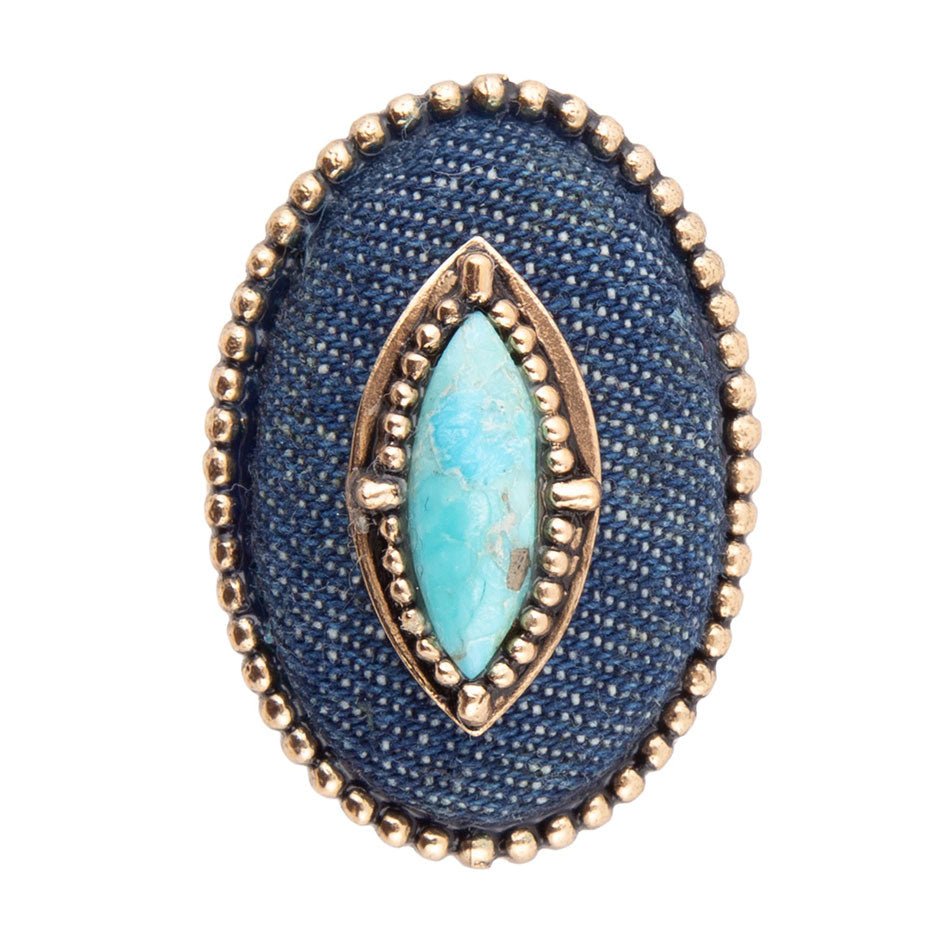 Stacked Blue Turquoise and Denim Golden Statement Ring detail view by Barse Jewelry