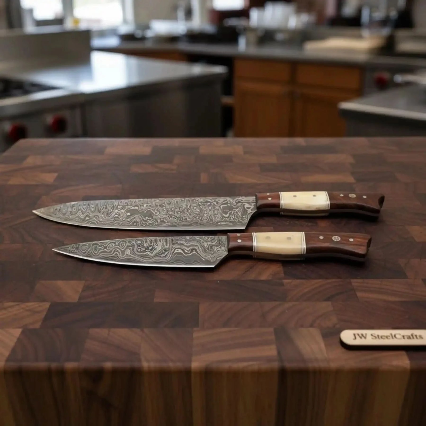 2-Piece Raindrop Damascus Carving & Utility Knife Set — 11" Blades with Bone and Rosewood Handles by JW SteelCrafts, Damascus knife main product photo