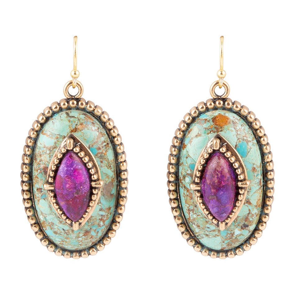 Stacked Stone Blue and Purple Turquoise Golden Drop Earrings by Barse Jewelry
