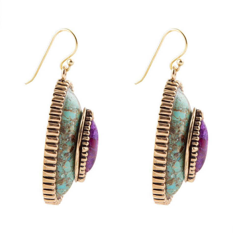 Stacked Stone Blue and Purple Turquoise Golden Drop Earrings detail view by Barse Jewelry
