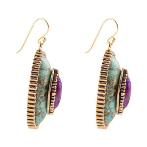 Stacked Stone Blue and Purple Turquoise Golden Drop Earrings detail view by Barse Jewelry