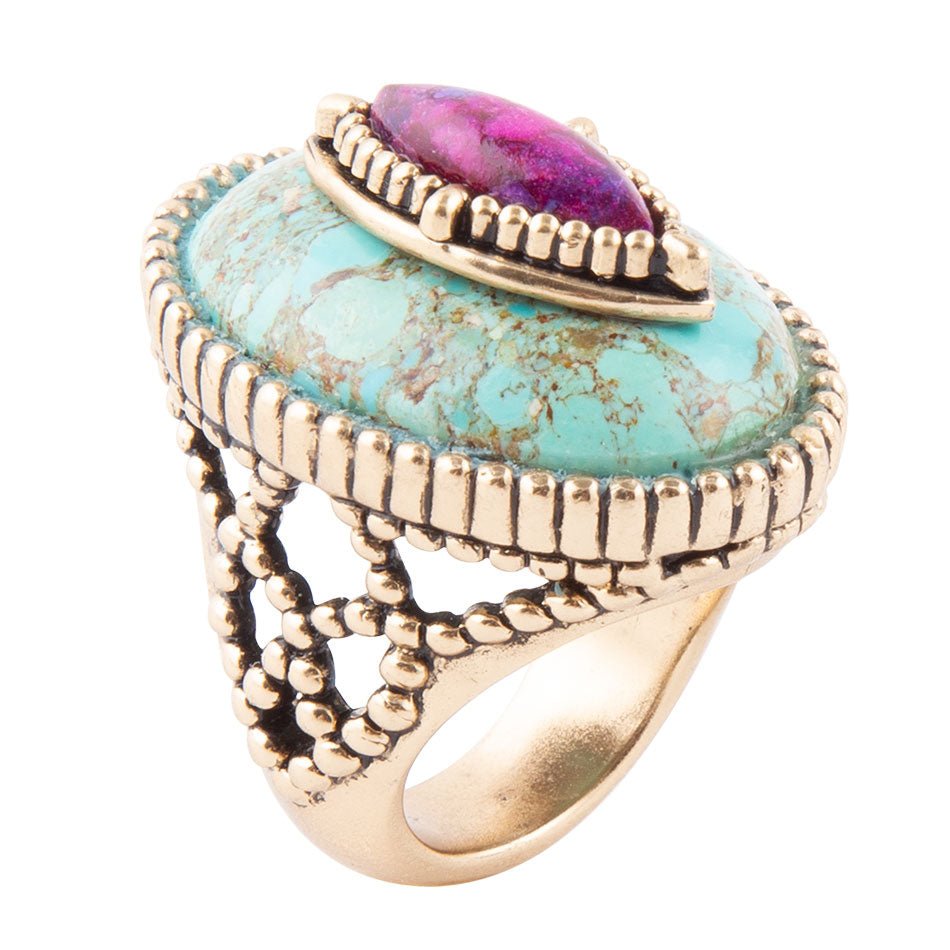 Stacked Stone Blue and Purple Turquoise Golden Ring by Barse Jewelry