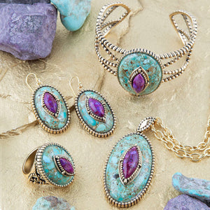 Stacked Stone Blue and Purple Turquoise Golden Ring detail view by Barse Jewelry