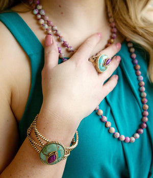 Stacked Stone Blue and Purple Turquoise Golden Ring detail view by Barse Jewelry
