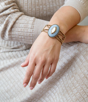 Blue Denim Dreams White Mother of Pearl Golden Cuff Bracelet detail view by Barse Jewelry