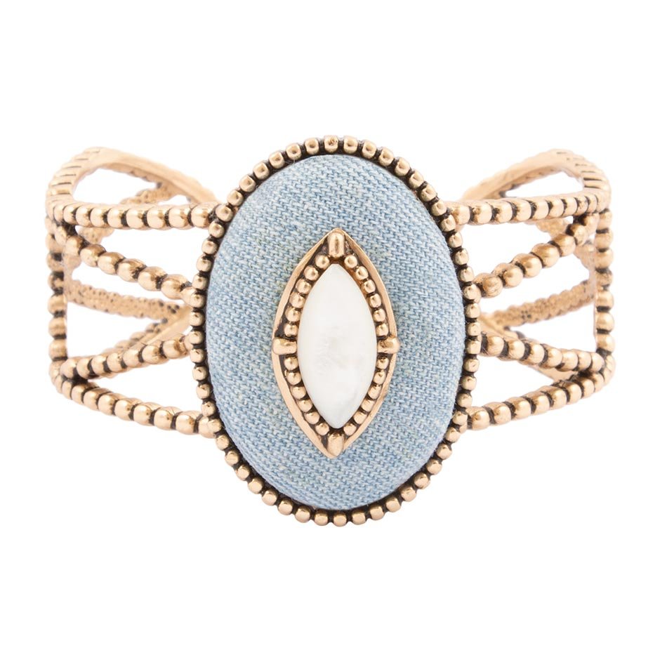 Blue Denim Dreams White Mother of Pearl Golden Cuff Bracelet detail view by Barse Jewelry