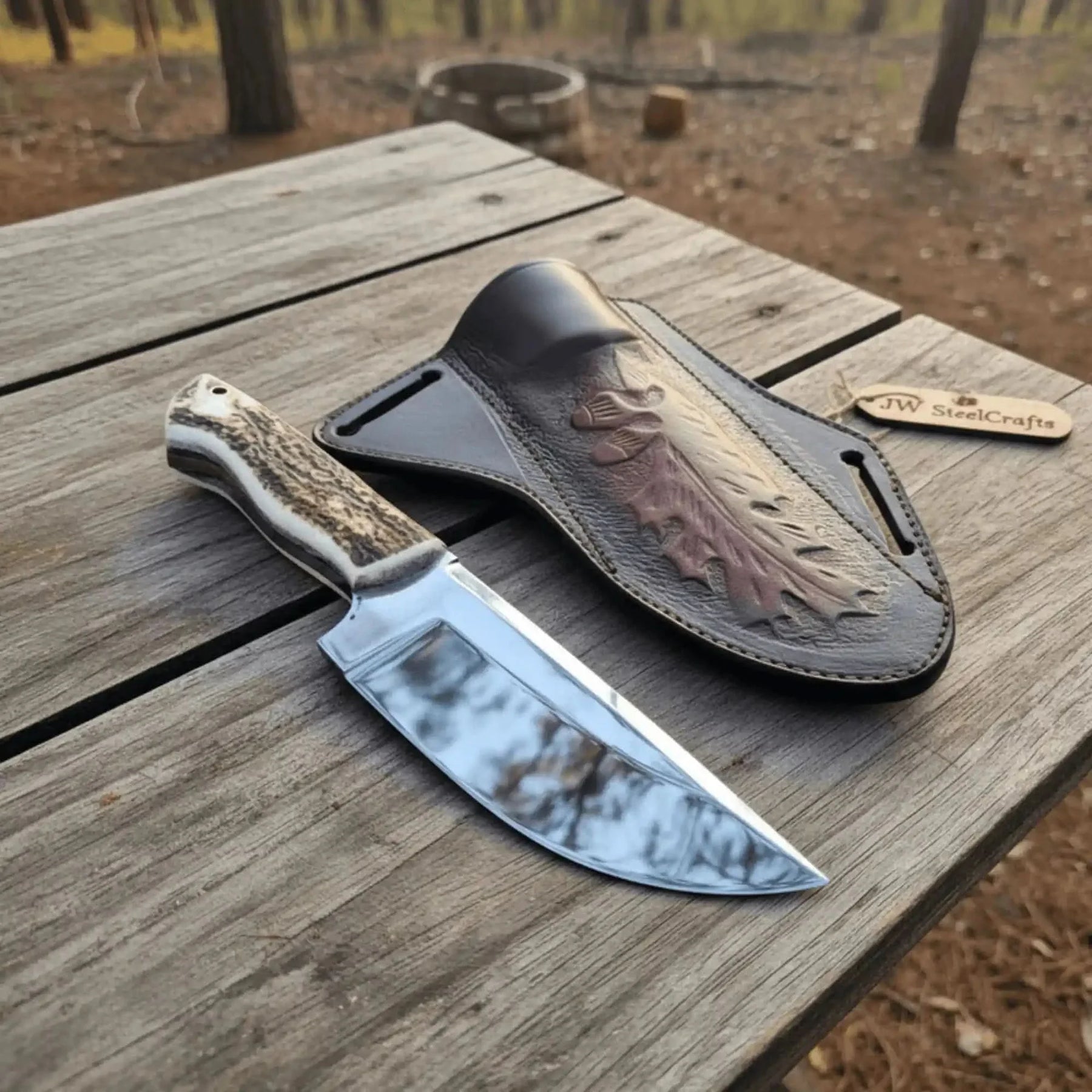 Stag Handle Hunting Knife – Stainless Steel or Damascus Blade | Leather Sheath | JW SteelCrafts by JW SteelCrafts, leather knife sheath main product photo