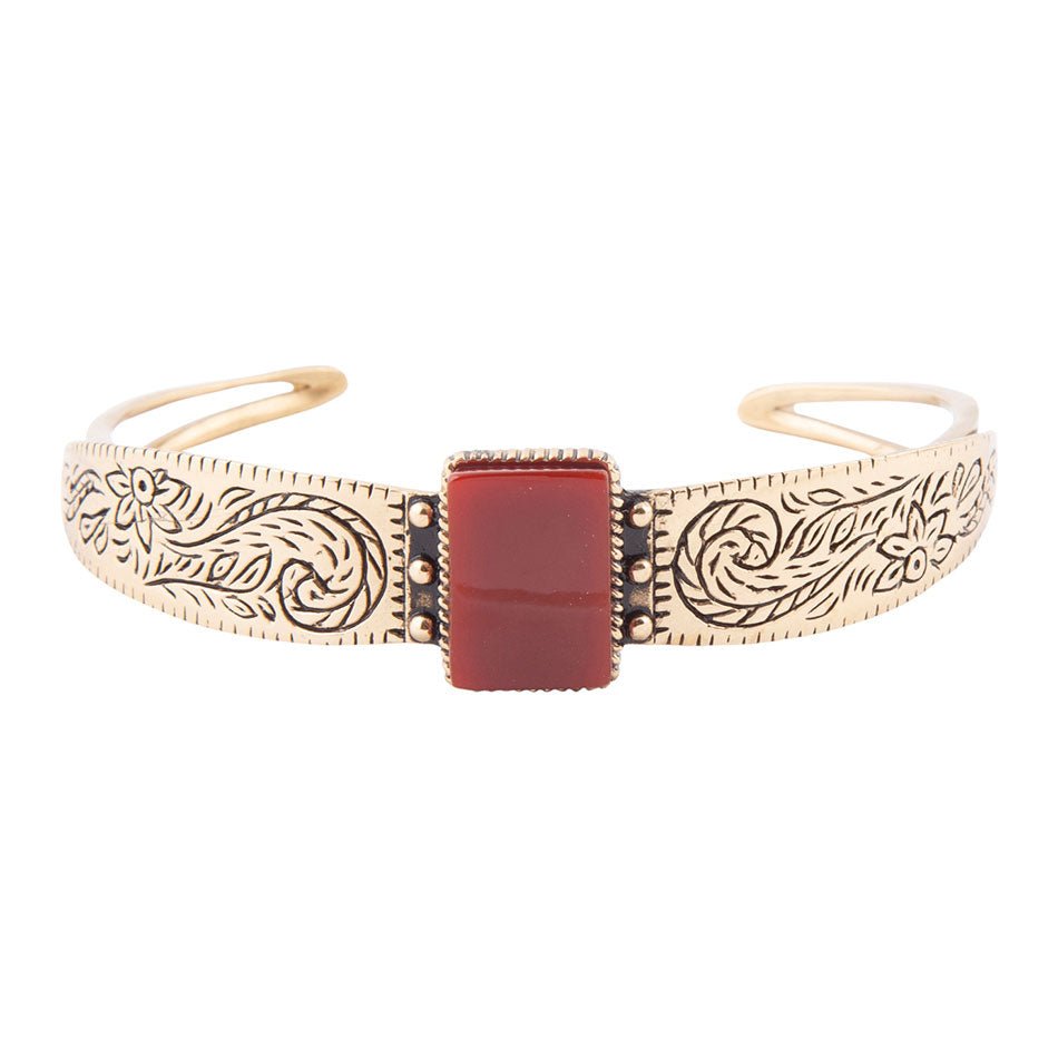 Stamped Orange Carnelian Golden Cuff Bracelet detail view by Barse Jewelry