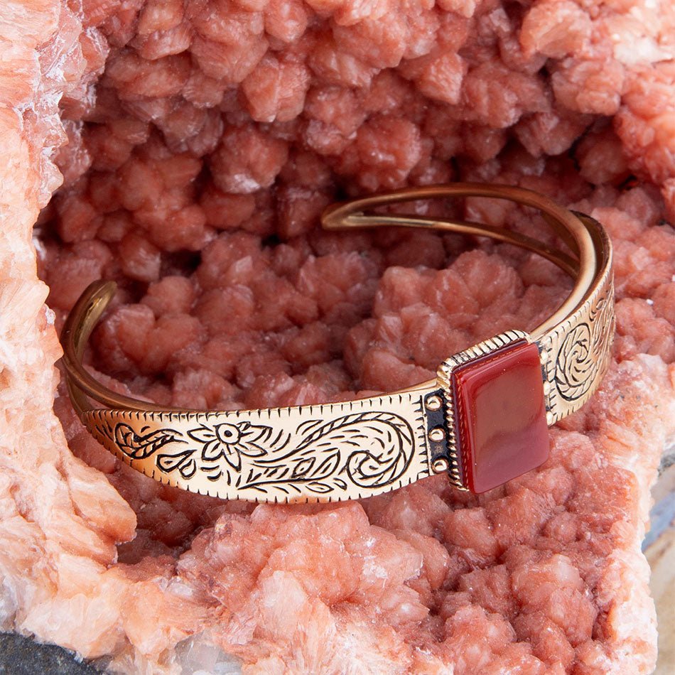 Stamped Orange Carnelian Golden Cuff Bracelet detail view by Barse Jewelry
