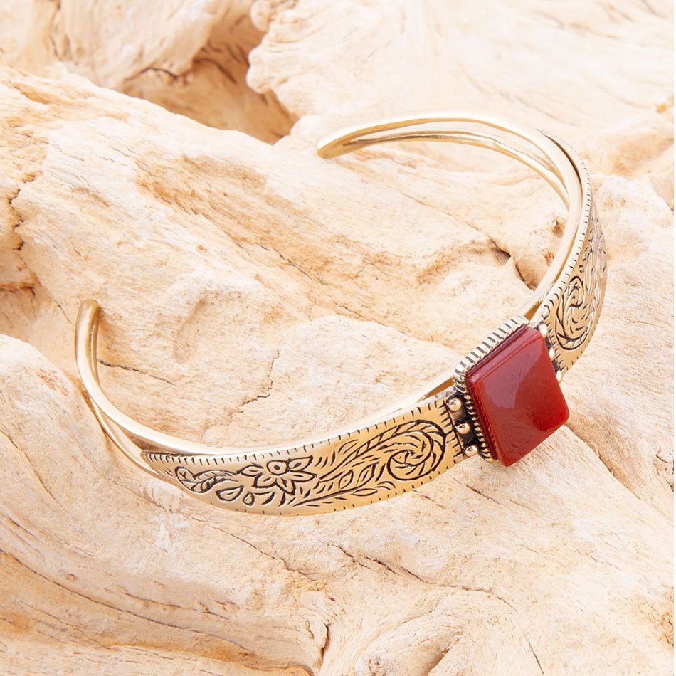 Stamped Orange Carnelian Golden Cuff Bracelet detail view by Barse Jewelry