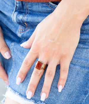 Stamped Orange Carnelian Golden Ring detail view by Barse Jewelry