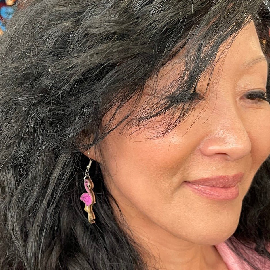 Pink Flamingo Wooden Dangle Earrings | Tropical Bird Jewelry detail view by Cate's Concepts, LLC