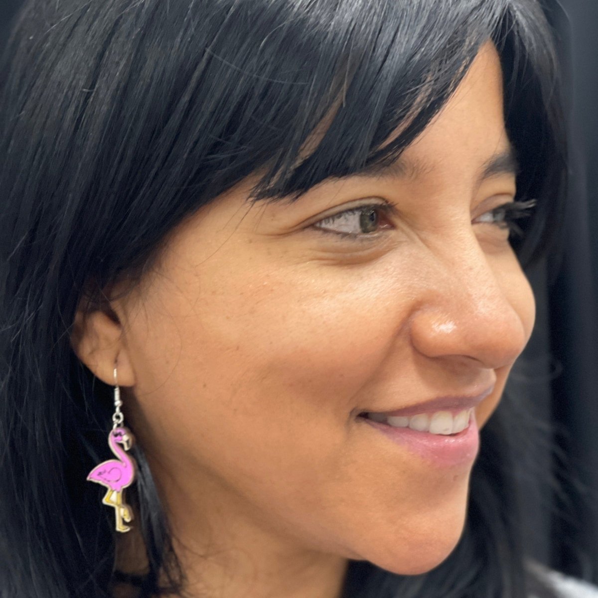 Pink Flamingo Wooden Dangle Earrings | Tropical Bird Jewelry detail view by Cate's Concepts, LLC