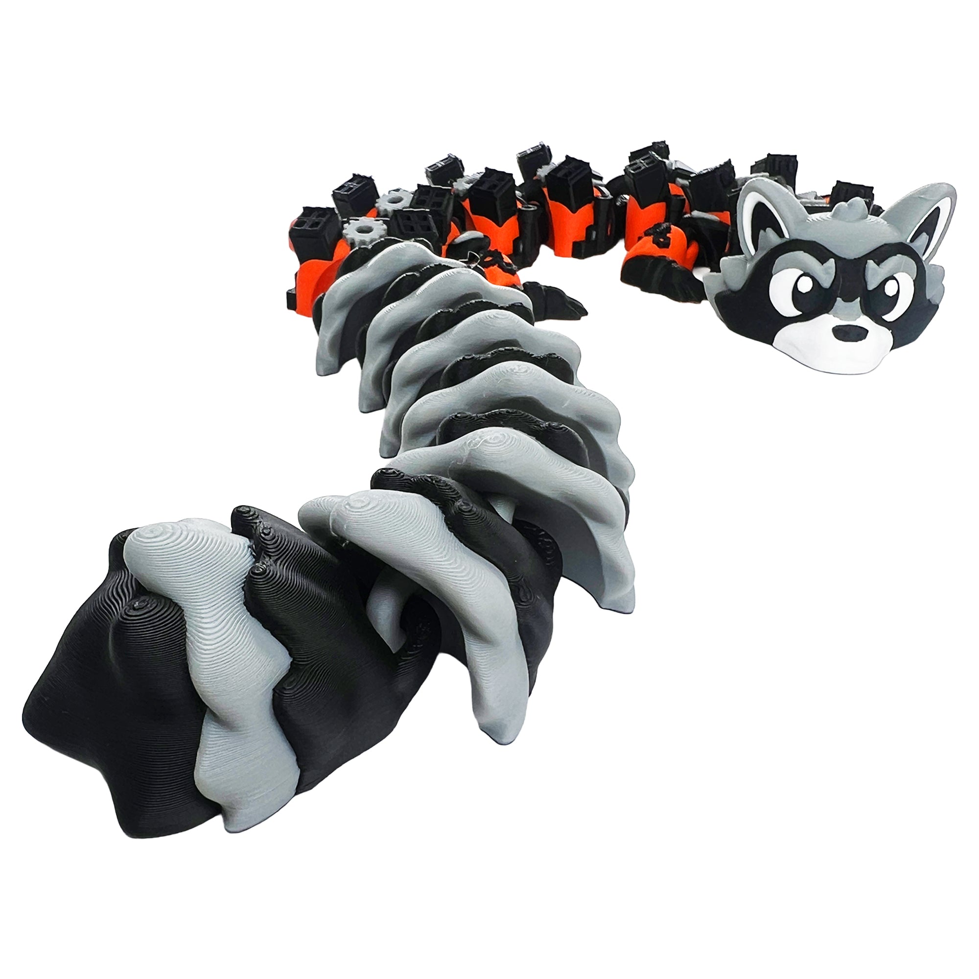 Star Bandit Dragon articulated 3D printed flexi dragon with raccoon mask, orange and black body, and striped tail