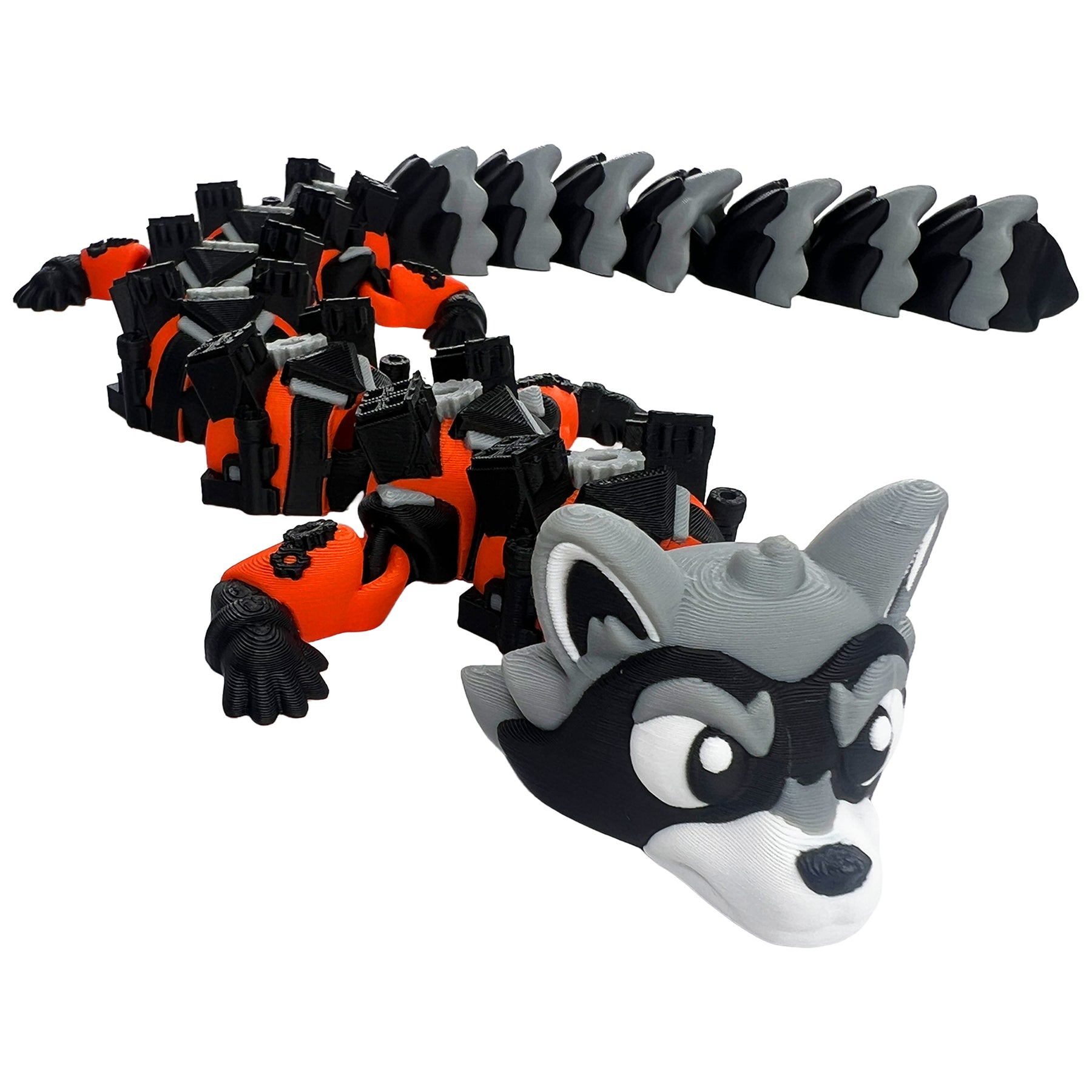 Star Bandit Dragon articulated 3D printed flexi dragon shown from the front with orange mechanical body and raccoon-inspired head
