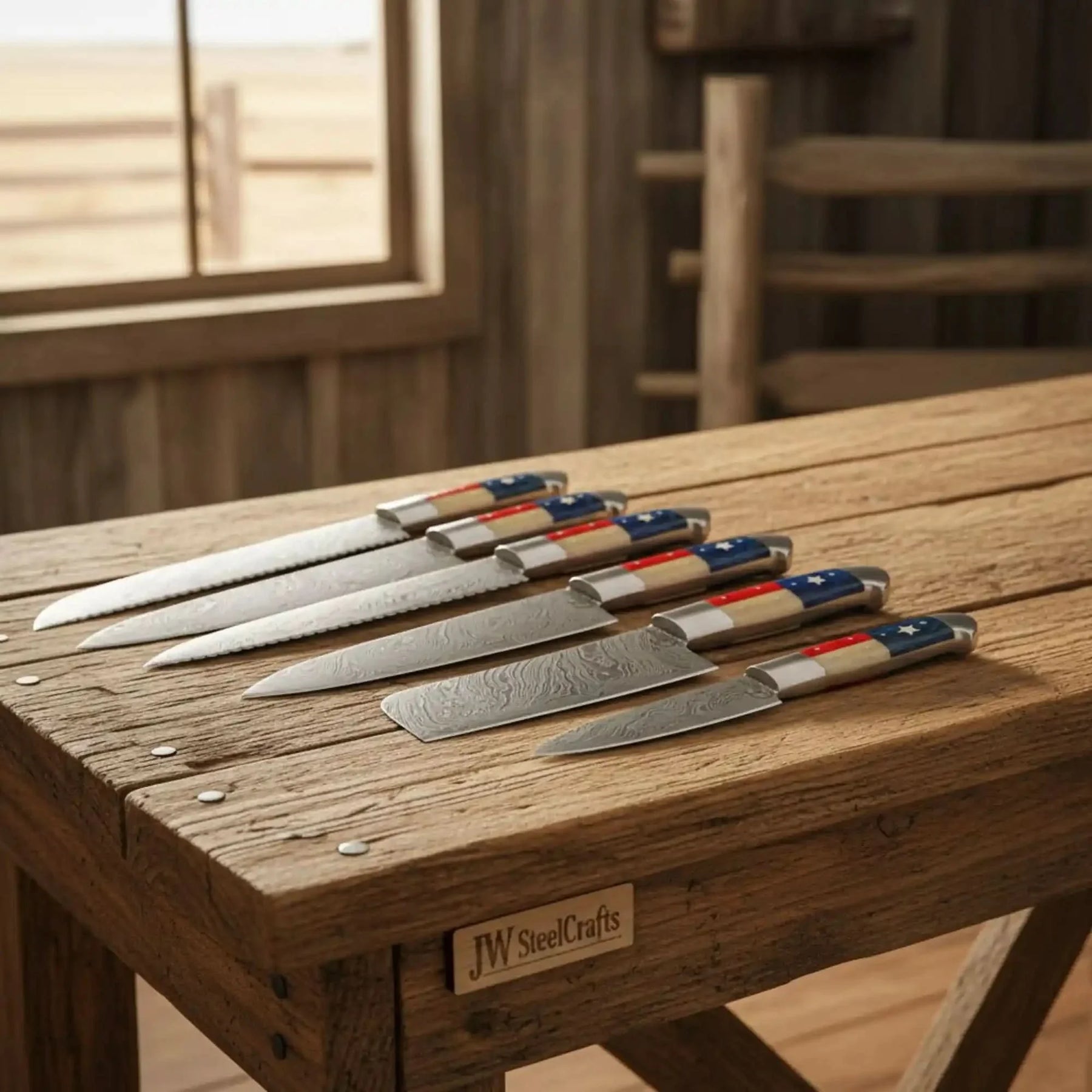 6-Piece Texas Flag Damascus Steak & Utility Knife Set — Pakka Wood & Bone Handles by JW SteelCrafts, Damascus knife main product photo
