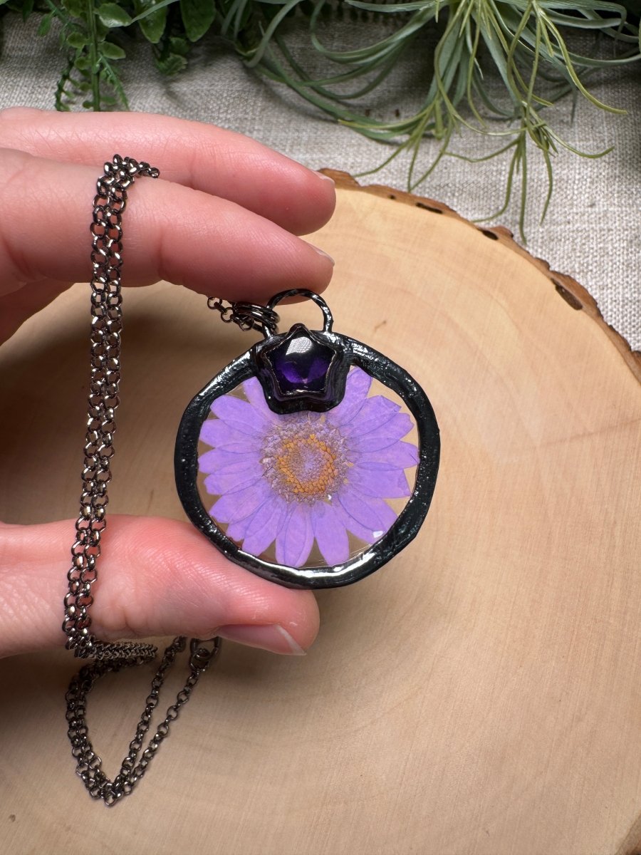 Starwhisper- Amethyst and Flower Necklace detail view by Copper Ashes