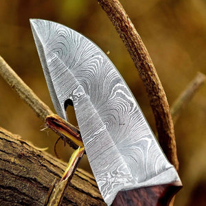 10-Inch Damascus Gut Hook Hunting Knife — Bone, Turquoise Resin & Rosewood Handle by JW SteelCrafts, Damascus knife detail photo 3