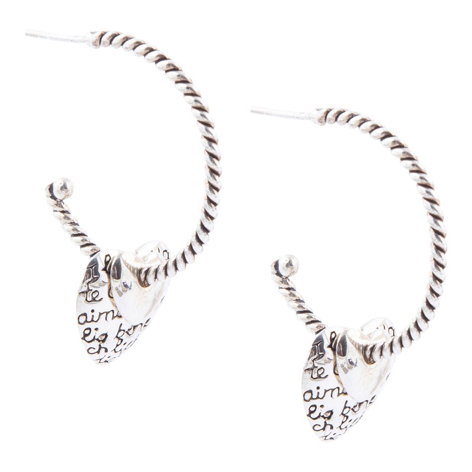 Sterling Silver Engraved Heart Hoop Earrings detail view by Barse Jewelry