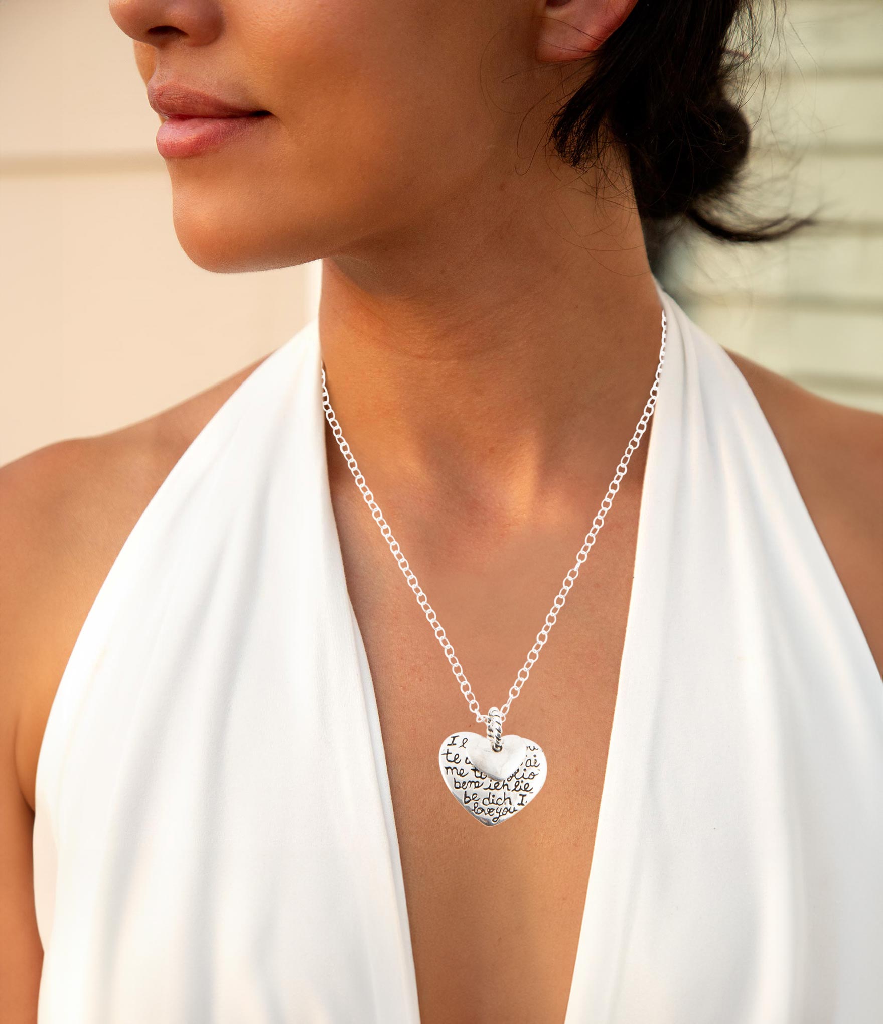 Sterling Silver Engraved Heart Pendant Neckalce detail view by Barse Jewelry