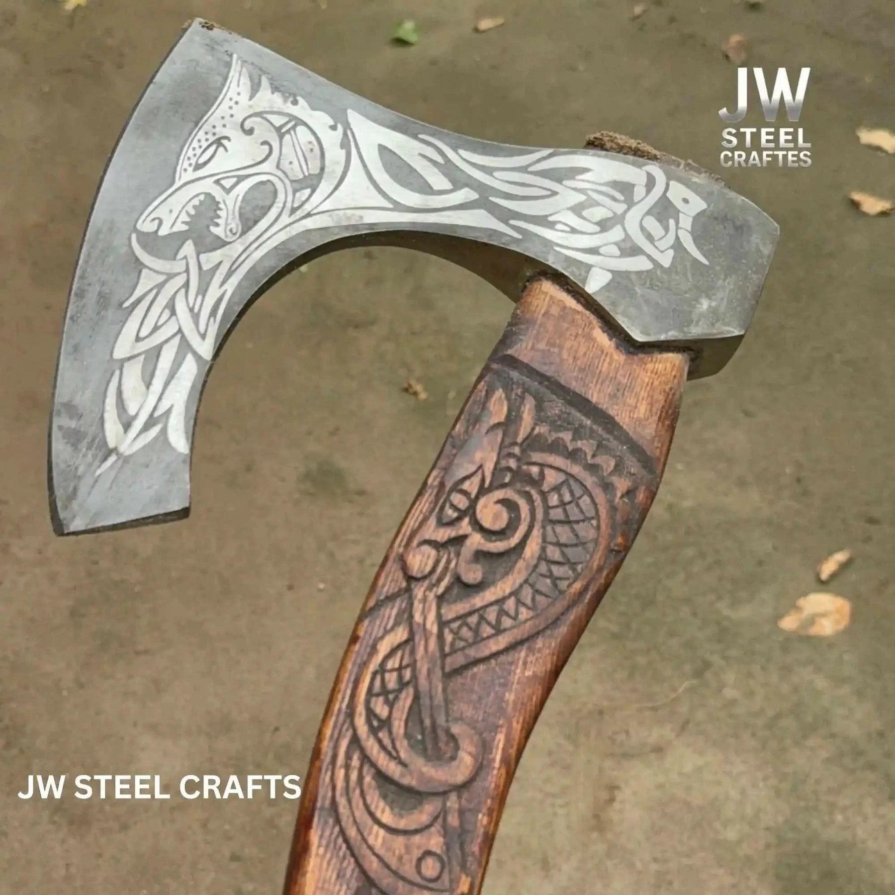 Hand-Engraved Viking Bearded Axe with Carved Hardwood Handle – Damascus Steel Blade | JW SteelCrafts by JW SteelCrafts, Southern lifestyle apparel detail photo 9