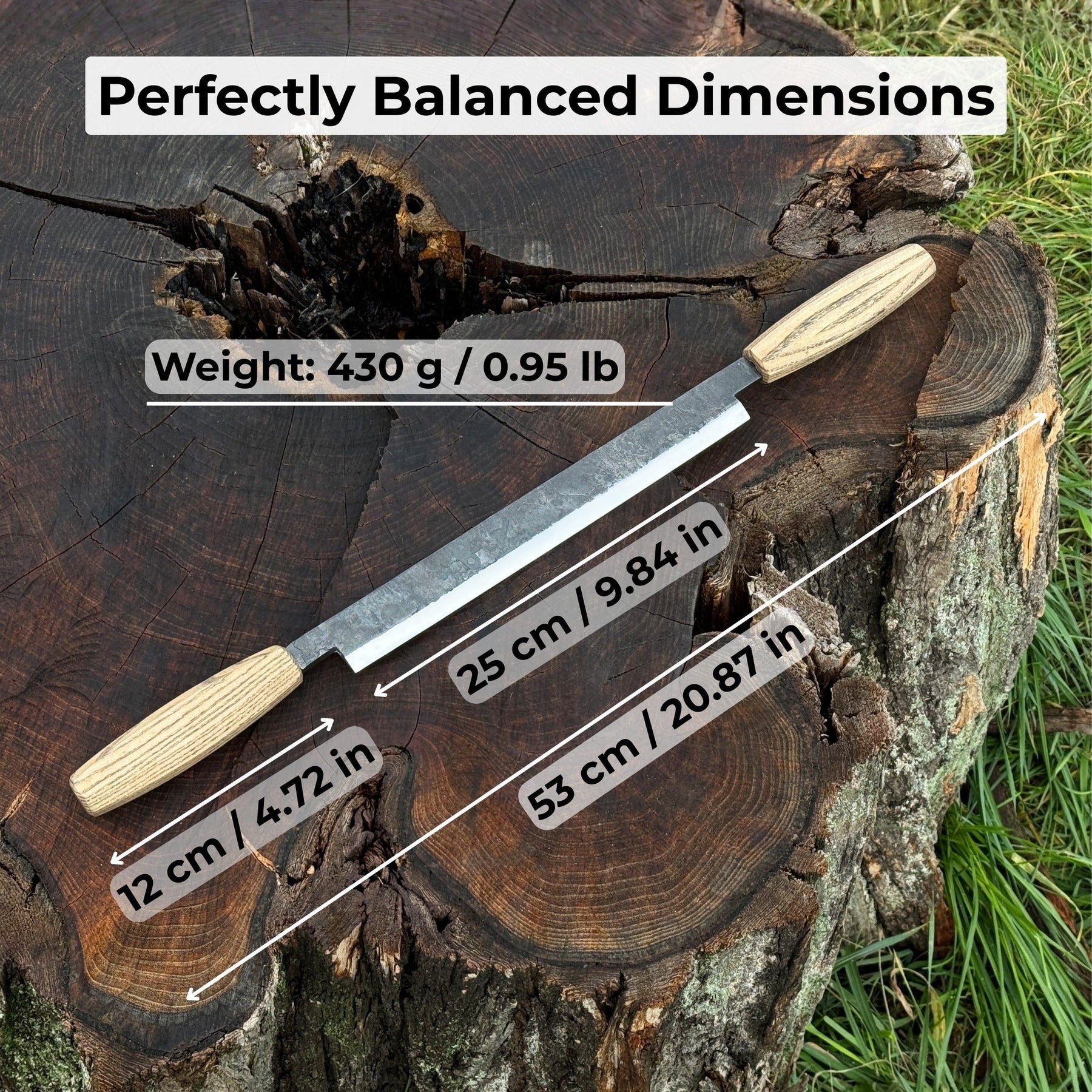 Straight Drawknife with Leather Sheath, 25 cm (9.84 inches) detail view by Sharky Forged Steel Tools