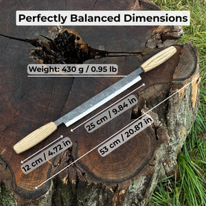Straight Drawknife with Leather Sheath, 25 cm (9.84 inches) detail view by Sharky Forged Steel Tools