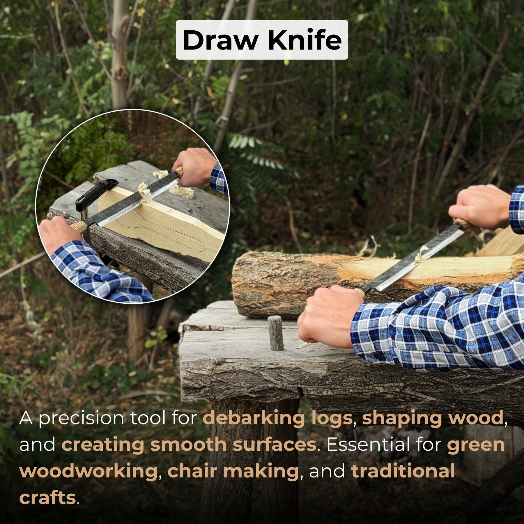 Straight Drawknife with Leather Sheath, 25 cm (9.84 inches) detail view by Sharky Forged Steel Tools